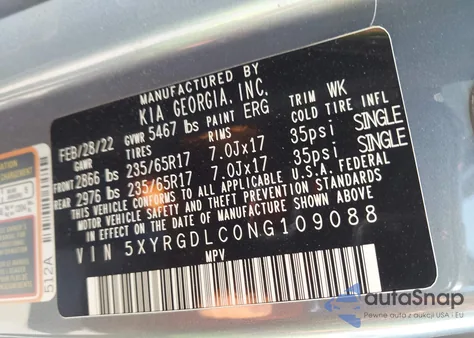 2022 Kia Sorento Lx from USA, damaged, VIN 5XYRGDLC0NG109088